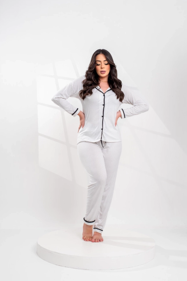 Pijama Americano Longo Poá Branco  - imagem 1