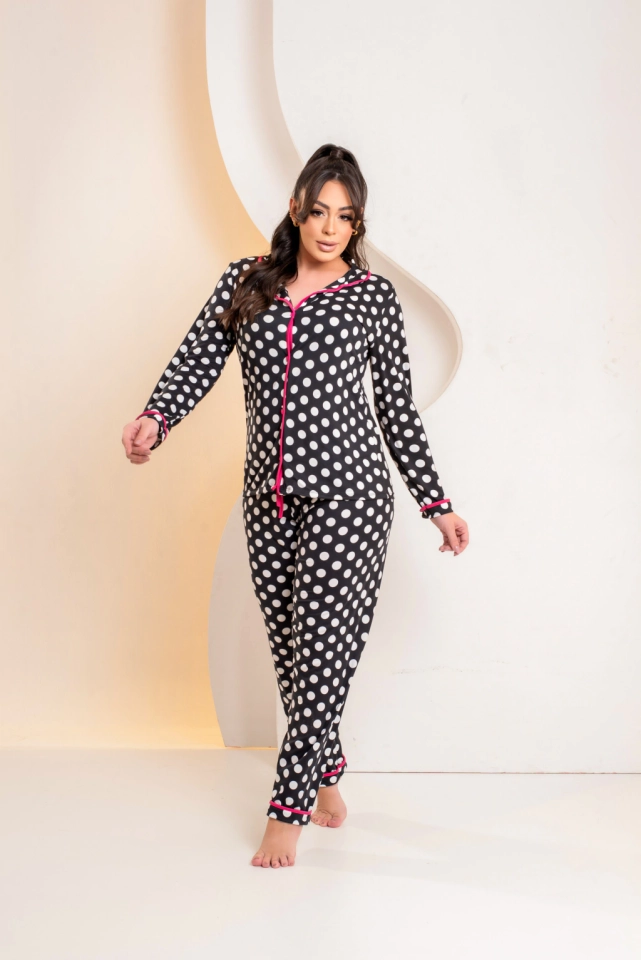 Pijama Americano Longo Poá Preto detalhe Pink  - imagem 2