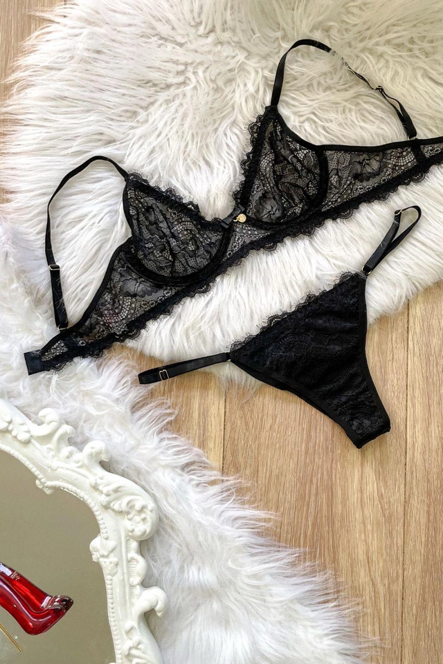Conjunto sensual rendado sem bojo, com aro, calcinha fio duplo regulável   - imagem 2