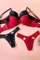 Conjunto Sofisticado e Sensual com Guippir fita de Cetim e Calcinha Fio  - imagem 1