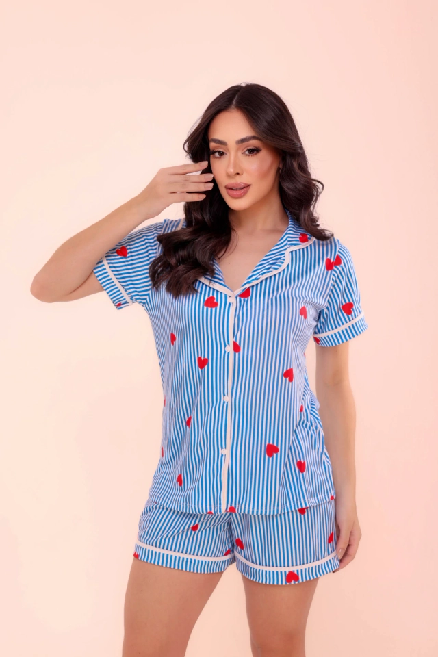 Pijama Americano Listras Azul Bic e Coração - imagem 2