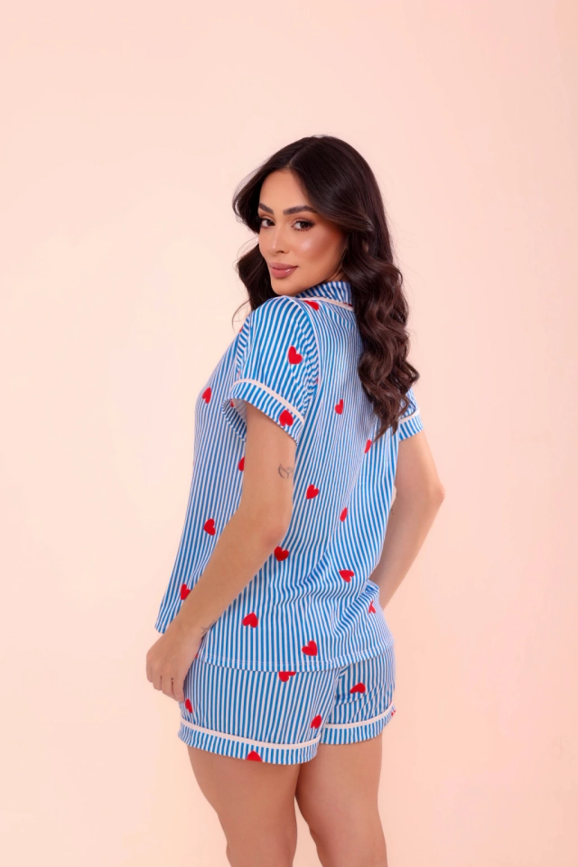 Pijama Americano Listras Azul Bic e Coração - imagem 3