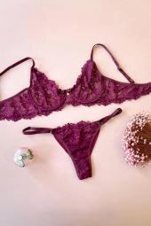 Conjunto sensual rendado sem bojo, com aro, calcinha fio duplo regulável   - 6