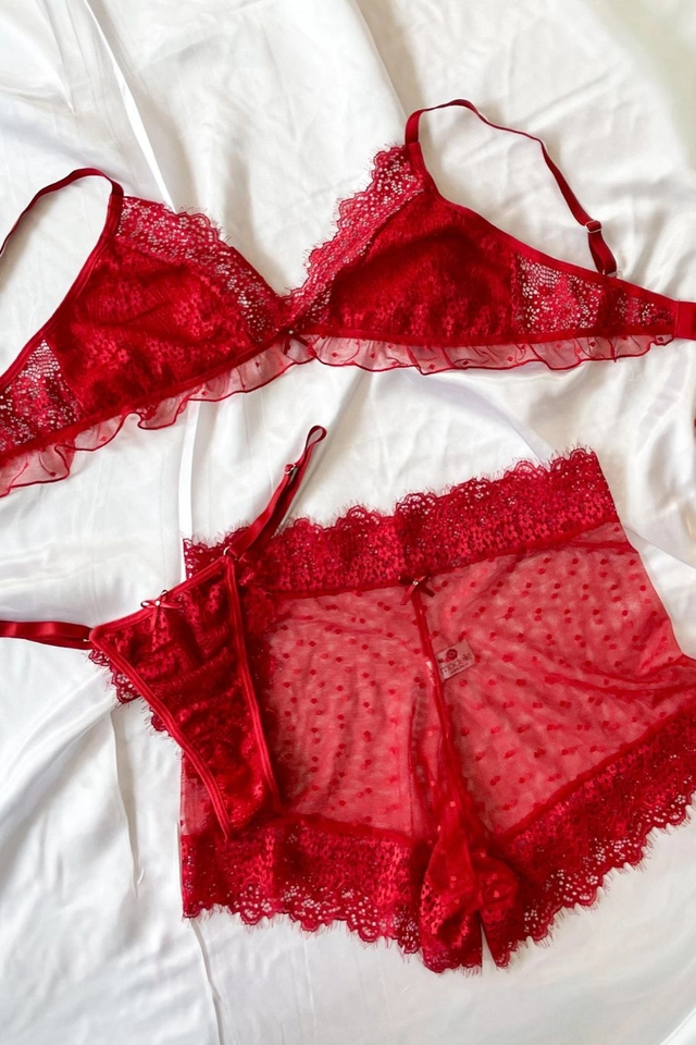 Conjunto Sensual tule poá 3 peças sem bojo sem aro rendando calcinha fio com regulagem e short de tule - imagem 3