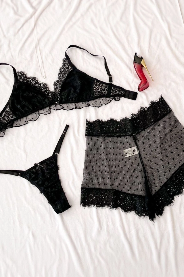Conjunto Sensual tule poá 3 peças sem bojo sem aro rendando calcinha fio com regulagem e short de tule - imagem 2
