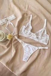 Conjunto sensual rendado sem bojo, com aro, calcinha fio duplo regulável   - 7