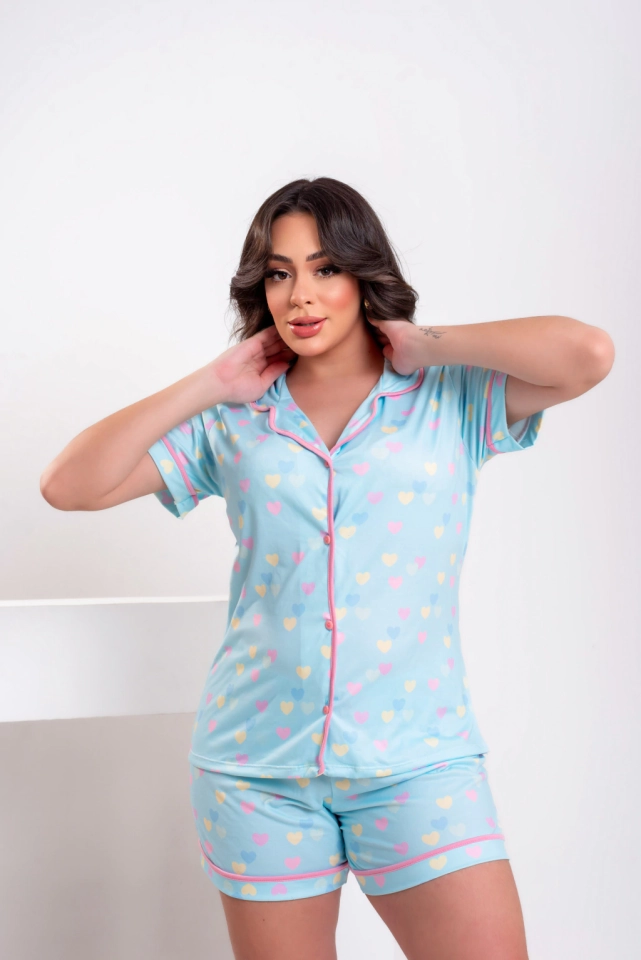 Pijama Americano Corações Azul bebê - 1