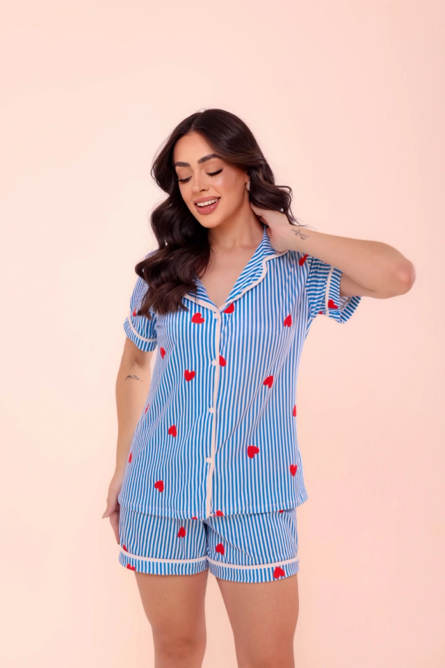 Pijama Americano Listras Azul Bic e Coração - imagem 1