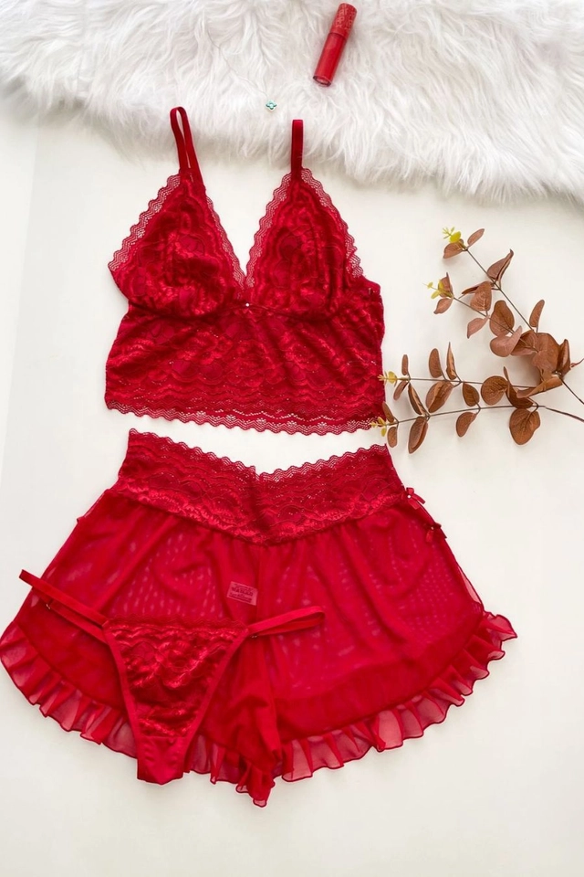 Short Doll Sensual em tule e renda, e calcinha fio regulável - imagem 1
