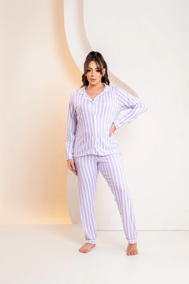 Pijama Americano Longo Listras Lilás - 1
