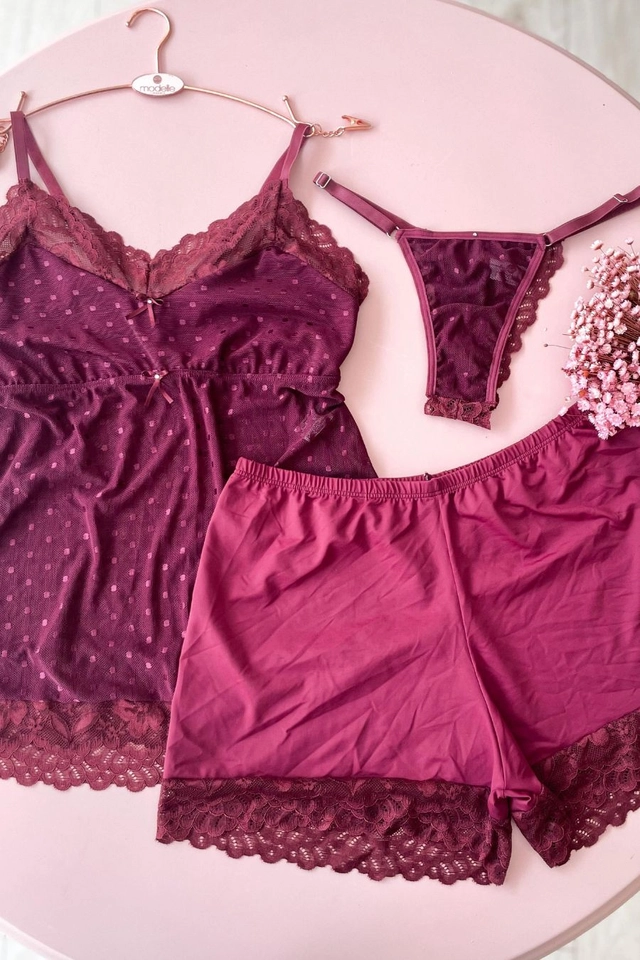 Pijama Malú 3 peças blusa e calcinha fio e tule poá em renda delicada e short em microfibra - imagem 4