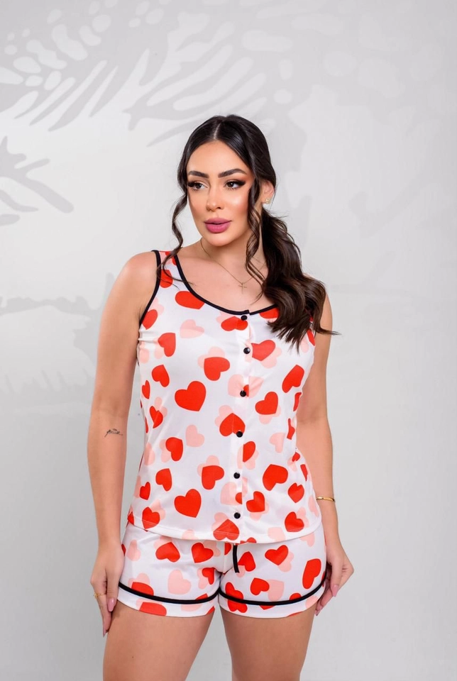 Pijama Regata Corações Vermelho fd Branco 
