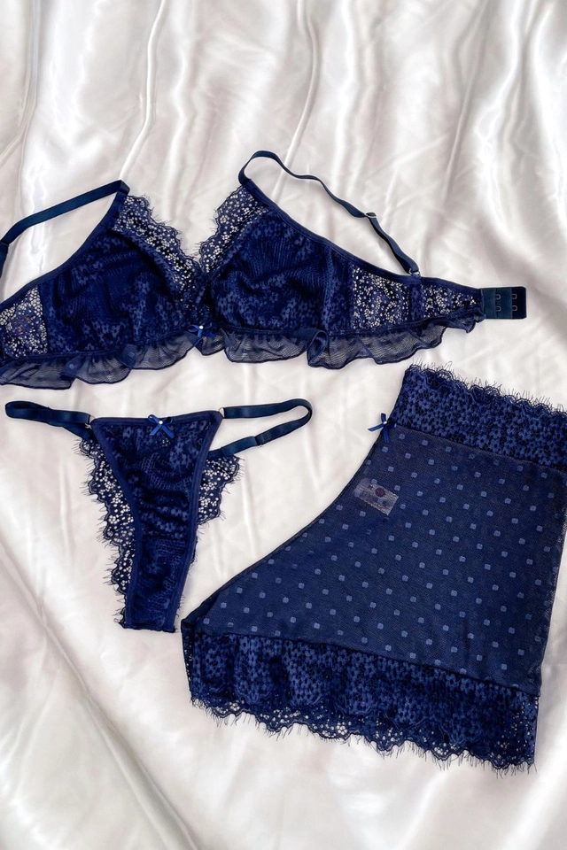 Conjunto Sensual tule poá 3 peças sem bojo sem aro rendando calcinha fio com regulagem e short de tule - 7