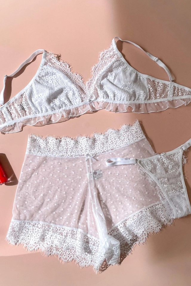 Conjunto Sensual tule poá 3 peças sem bojo sem aro rendando calcinha fio com regulagem e short de tule - 6