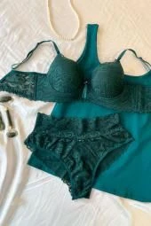 Conjunto Rendado com Base em Espuma Base Lateral, Calcinha Sofisticada de Cintura Alta e Laço Delicado com Ponto de Luz - 2