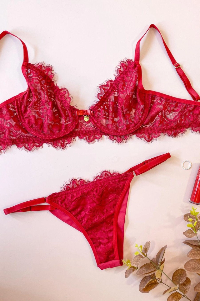 Conjunto sensual rendado sem bojo, com aro, calcinha fio duplo regulável   - imagem 3