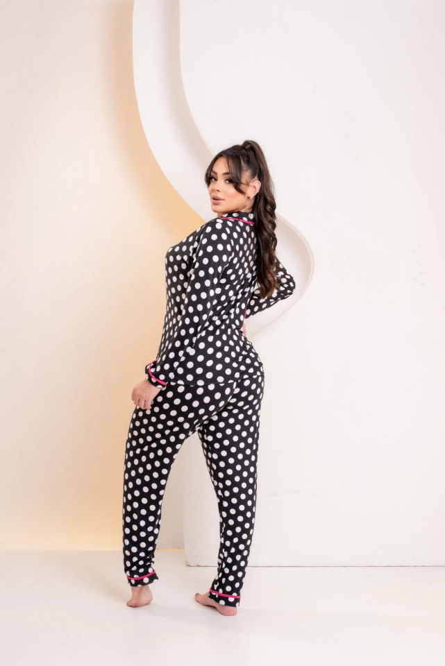 Pijama Americano Longo Poá Preto detalhe Pink  - imagem 3