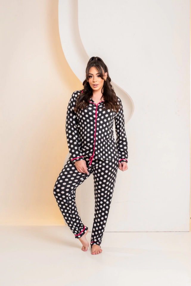 Pijama Americano Longo Poá Preto detalhe Pink  - imagem 1