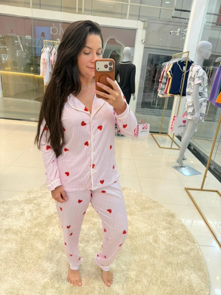 Pijama Americano Listras Rosa com Coração Longo