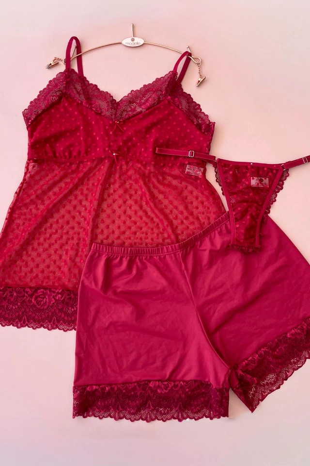 Pijama Malú 3 peças blusa e calcinha fio e tule poá em renda delicada e short em microfibra - imagem 5