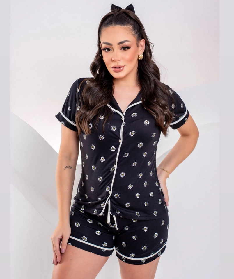 Pijama Americano Margaridas fd Preto - imagem 1
