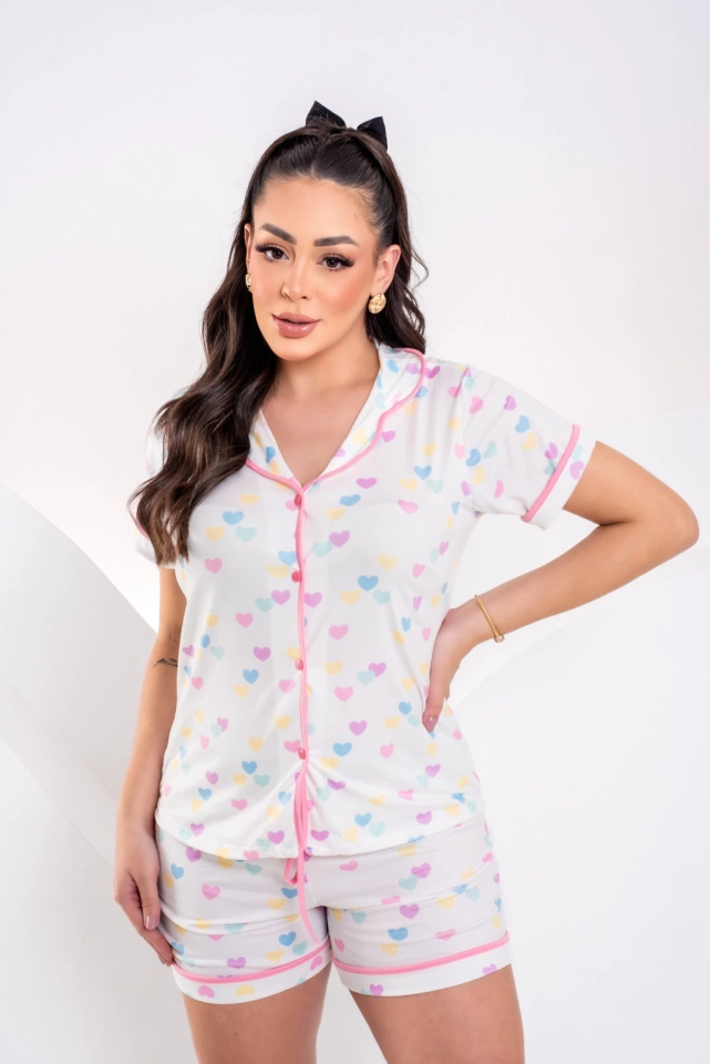 Pijama Americano Corações Colors fd Branco - 1
