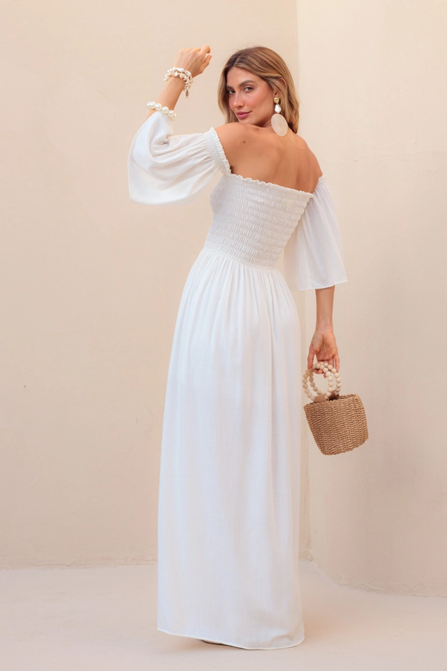 Vestido Longo Lastex Manga Flare Off White - 6