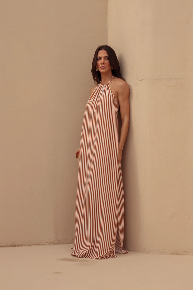 PRĂ-VENDA Vestido Frente Ănica Listras Caramelo - 1