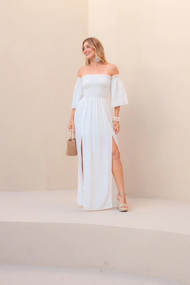 Vestido Longo Lastex Manga Flare Off White - imagem 1