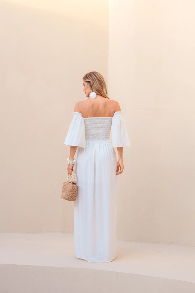 Vestido Longo Lastex Manga Flare Off White - imagem 2