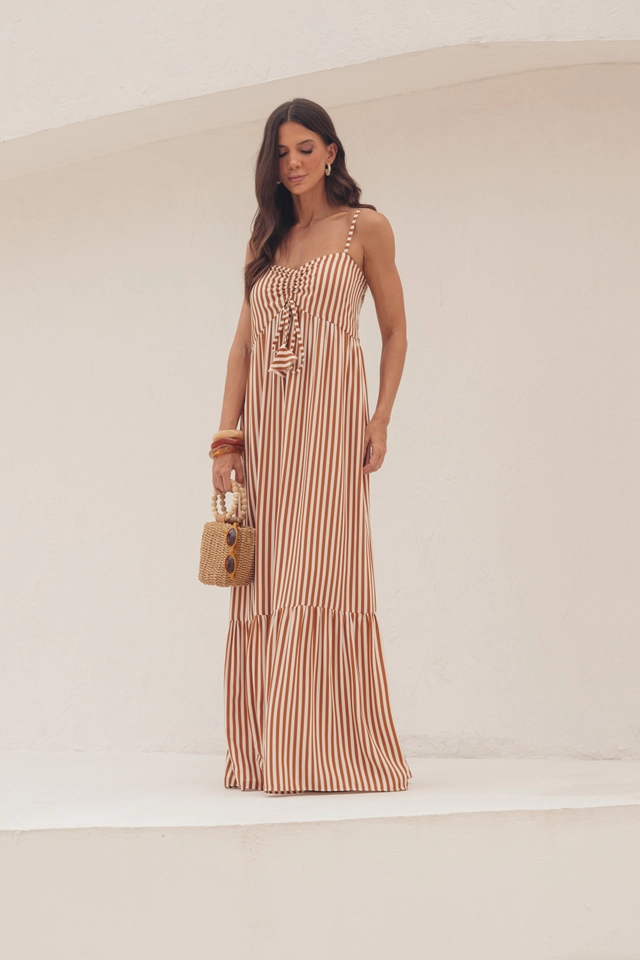 PRÉ-VENDA Vestido Arpoador Listras Caramelo - imagem 1