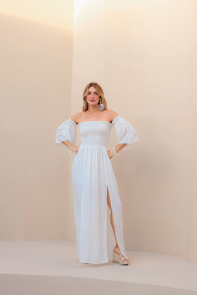 Vestido Longo Lastex Manga Flare Off White - imagem 3