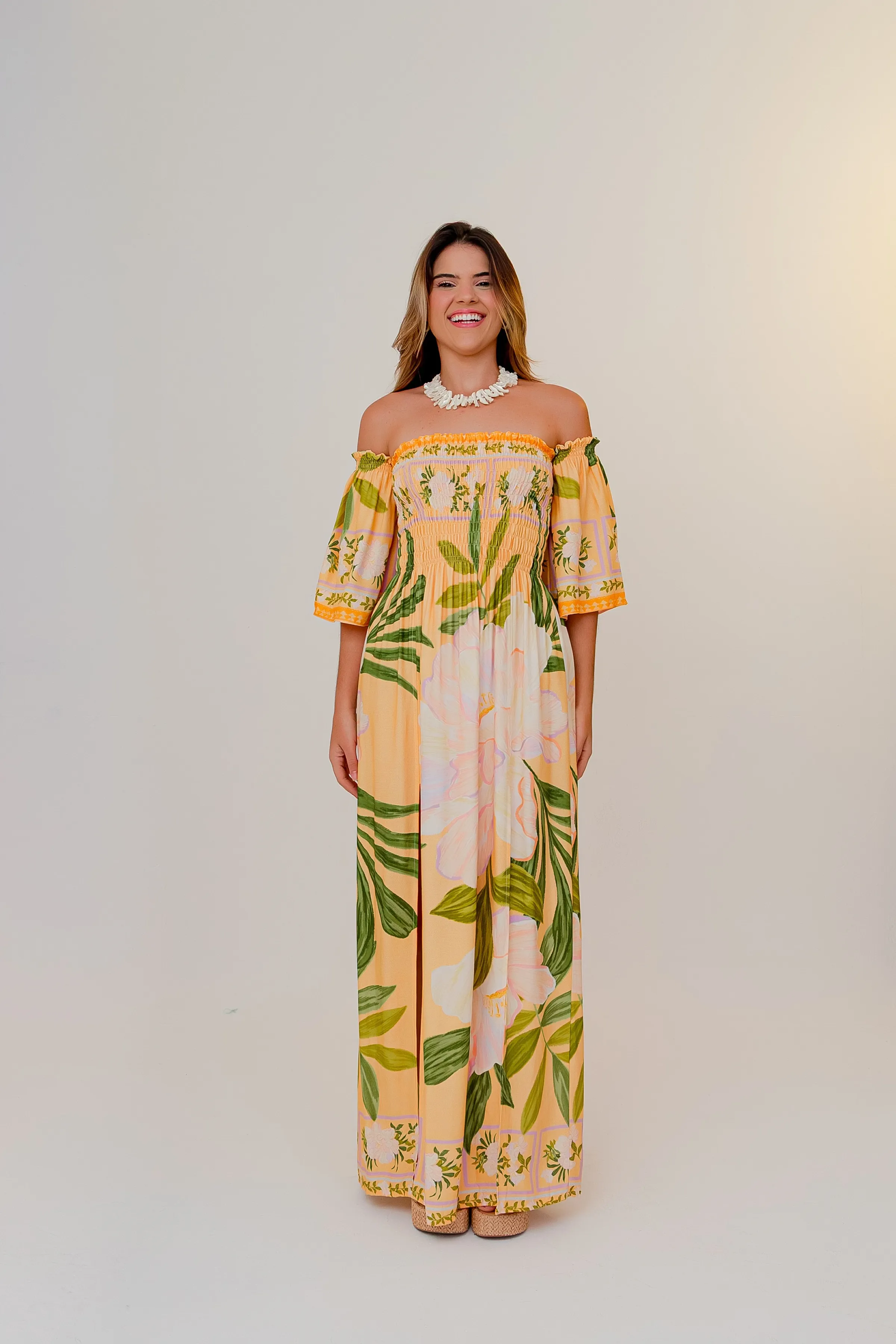 PRÉ-VENDA Vestido longo Lastex manga Flare Merengue - 1