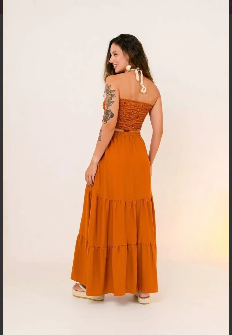 PRĂ-VENDA Conjunto Caramelo | Saia Gipsy + Top Lastex Com CordĂŁo - 2