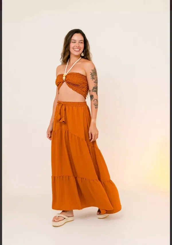 PRÉ-VENDA Conjunto Caramelo | Saia Gipsy + Top Lastex Com Cordão - imagem 1