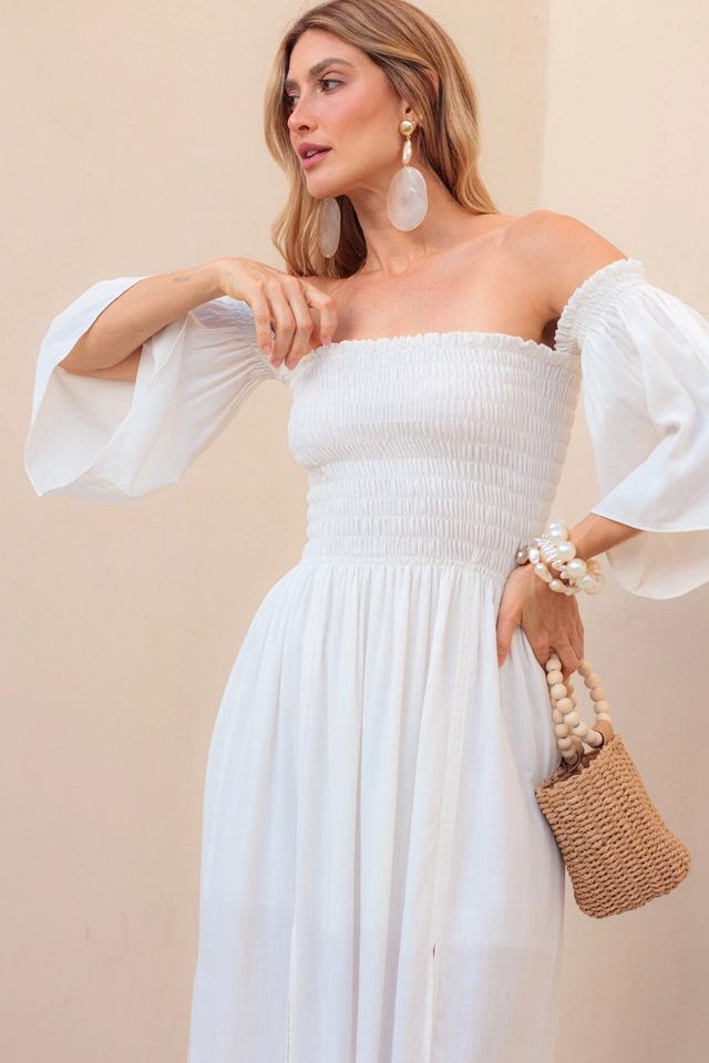 Vestido Longo Lastex Manga Flare Off White - imagem 4