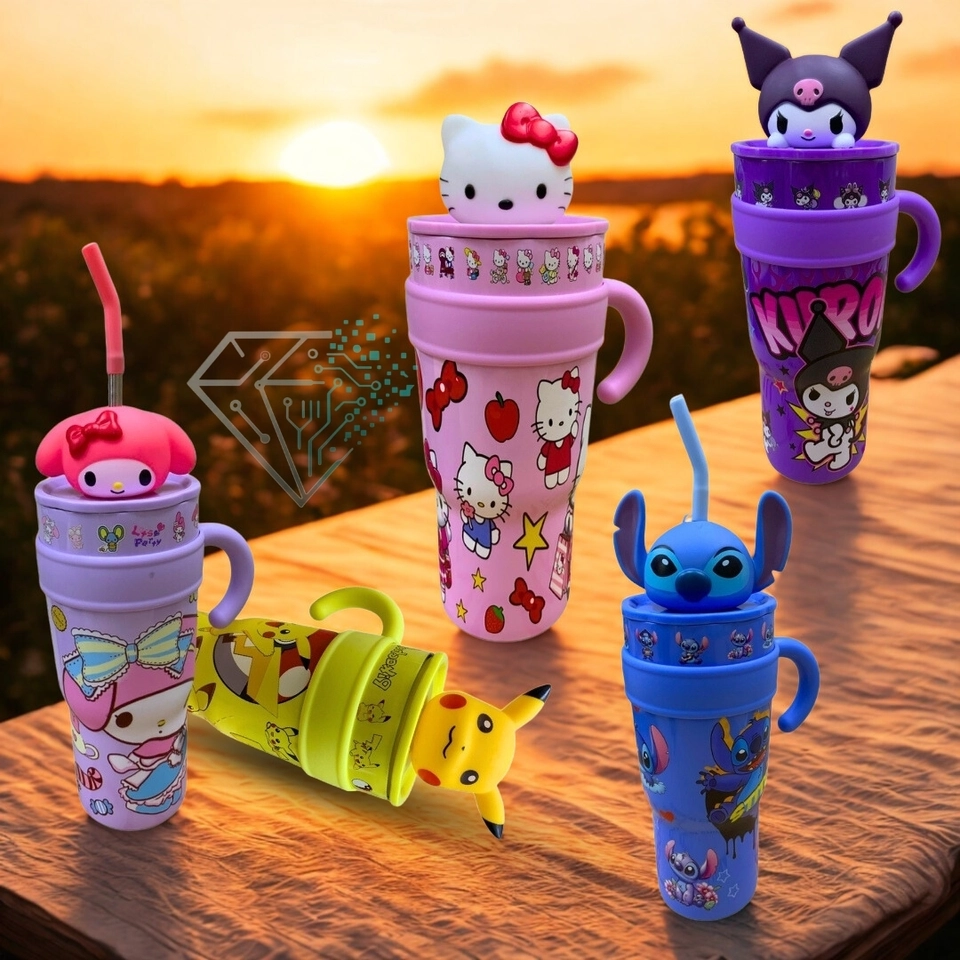 Copo Térmico 1200ml Inox com Canudo Personagens 3D Infantil – Stitch Hello Kitty Pikachu Kuromi - imagem 4