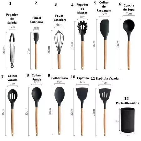 Kit C/12 Peças Utensílios De Cozinha Colheres Espatula Silicone Cabo Madeira Decoração Livre BPA - 5