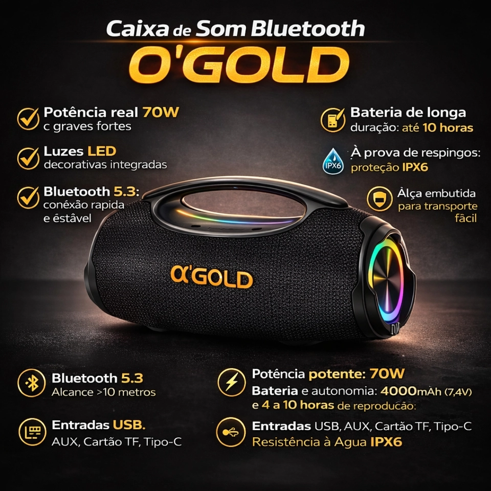 Caixa De Som Bluetooth 70w Rms Som Alto E Graves Potentes TWS IPX6 Aprova d'água - 7