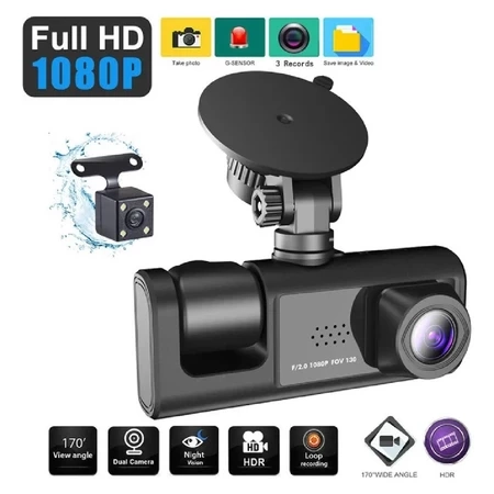Câmera de Segurança Veicular 3 Lentes 1080P | DVR com Gravação Frontal, Traseira e Interna - 2