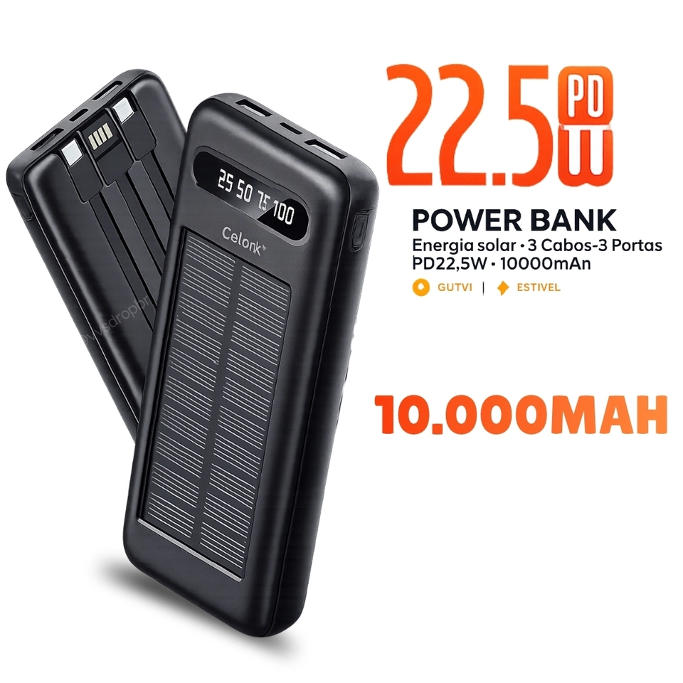 Power Bank Solar Celark 10000mAh 22.5W PD com 3 Cabos Embutidos USB Tipo-C iPhone Micro USB e Display LED - imagem 3