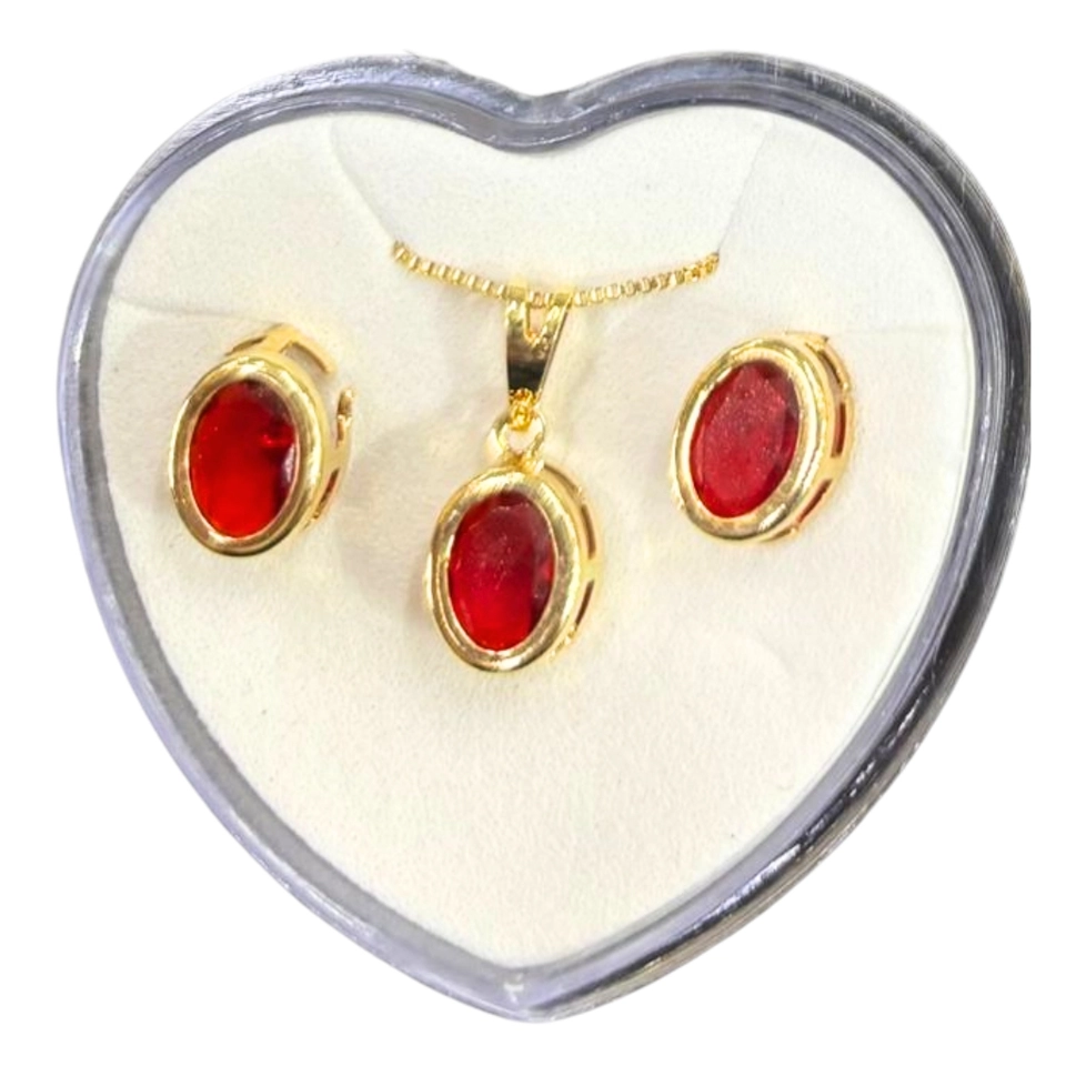 Conjunto Rubi Clássico – Colar e Brincos Banhados a Ouro 18k com Pedra Vermelha Oval - imagem 3