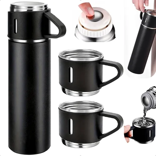Garrafa Térmica Parede Dupla 500ml Antivazamento Aço Inox Com Kit 3 Xícara Café Agua Suco Bebidas Quentes E Frias - imagem 1