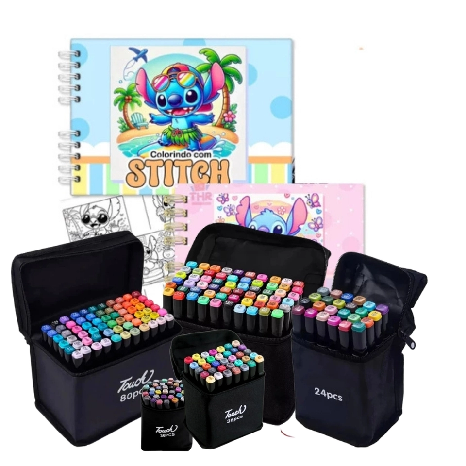 Kit Livro De Colorir Stitch + Canetinhas Coloridas Touch Marca Texto, Ponta Dupla (0,1mm e 6,0mm) – Traços Finos e Áreas Grandes  - 1