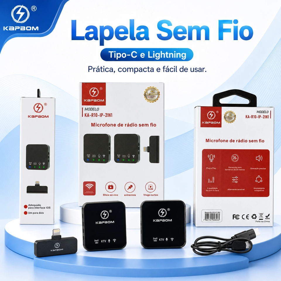 Microfone Lapela Sem Fio Profissional Wireless Quadrado Lightning ou typec KA-R10-TY-2in1 - 7