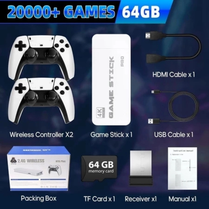 GameStick Retrô M15 PRO 4K Lançamento 64GB 20 mil Jogos Retrô Clássicos 2 Controles Sem Fio - 5
