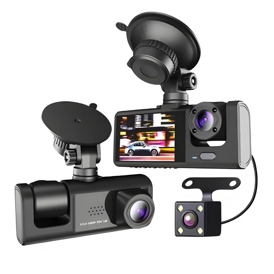 Câmera de Segurança Veicular 3 Lentes 1080P | DVR com Gravação Frontal, Traseira e Interna - 1