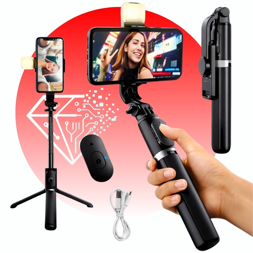 Tripé Selfie para Celular com Luz LED e Controle Bluetooth – Bastão de Selfie Ajustável com Tripé - 1