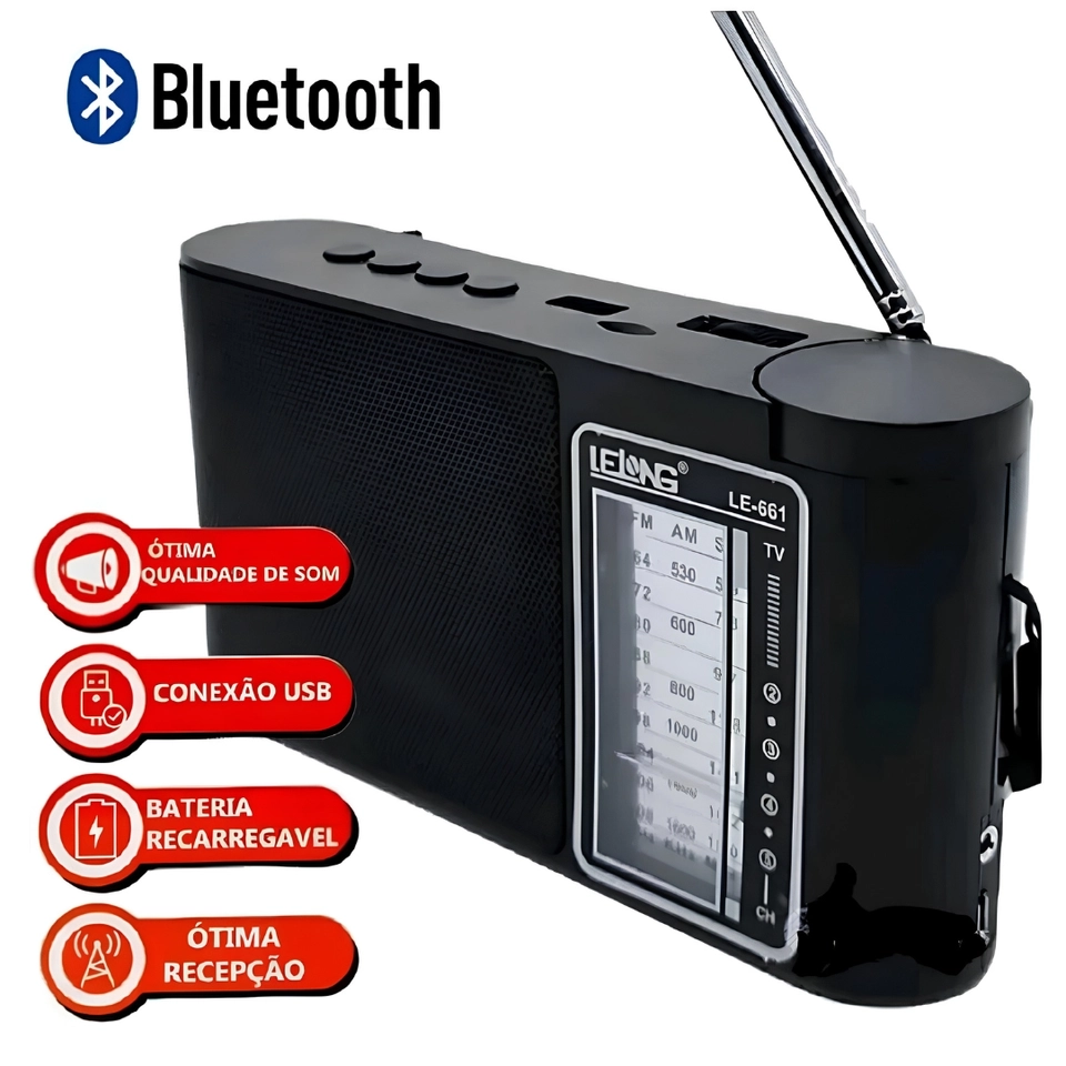 Rádio Portátil Bluetooth AM FM Caixa de Som Rádio Recarregável - 6