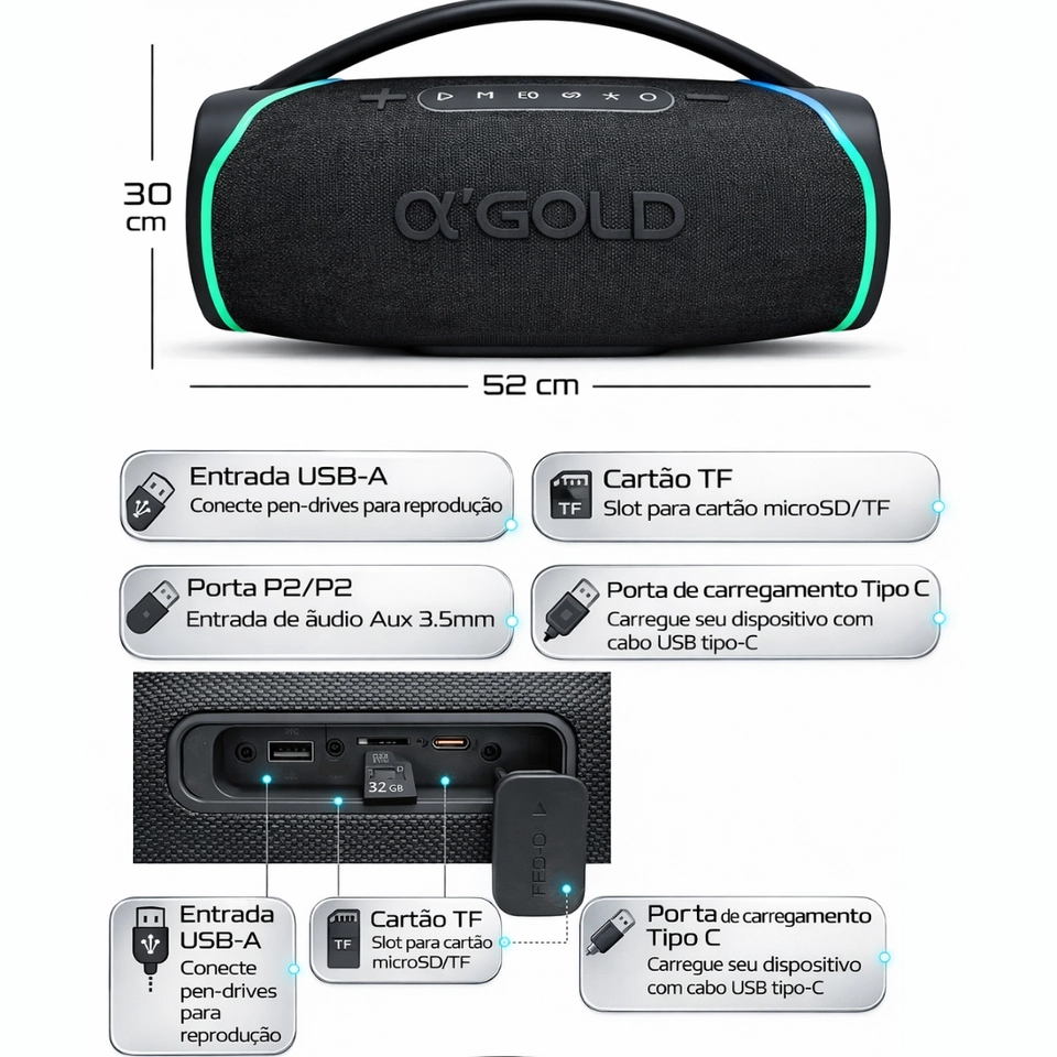 Caixa De Som Bluetooth Potente Tws 300w Grave Agold Ipx6 Preto 127/220v - imagem 5